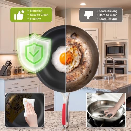 10 Inch Nonstick Frying Pan, Tri-Ply Clad Stainless Steel Skillet with Reinforced Coating, Detachable Handle with Sleeve, Dishwasher & Oven Safe, Induction Compatible, PFOA-Free Fajita Pans