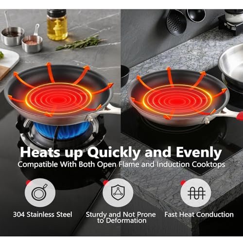 10 Inch Nonstick Frying Pan, Tri-Ply Clad Stainless Steel Skillet with Reinforced Coating, Detachable Handle with Sleeve, Dishwasher & Oven Safe, Induction Compatible, PFOA-Free Fajita Pans