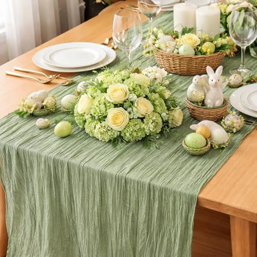 10 Pack Sage Green Cheesecloth Table Runner 22x120 Inch Boho Gauze Table Runners, Rustic Sheer Cheese Cloth Table Runners for Wedding, Baby Shower, Birthday Party, Home Decor