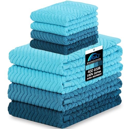 100% Cotton Kitchen Towels and Dishcloths Set, Pack of 8 Super Absorbent 16" x 25" Kitchen Towels and 13" x 13" Dish Cloths (400 GSM)