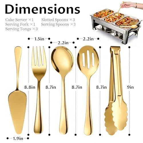 11PCS Stainless Steel Gold Serving Utensils, 8.7''Serving Spoons,8.7''Slotted Spoons, Serving Fork, 9'' Serving Tongs,Cake Server,Hostess Serving Set for Chafing Dish Buffet Catering Parties