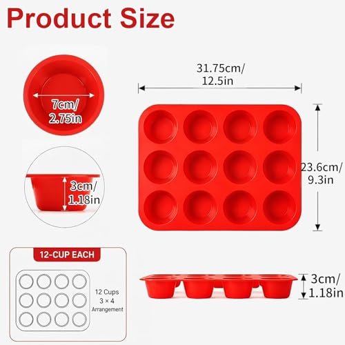 12 Cup Regular Size, Muffin Pans for Baking Nonstick 2 Pcs, Food-Grade Silicone Baking Molds for Baking & Cupcake Pan(red)