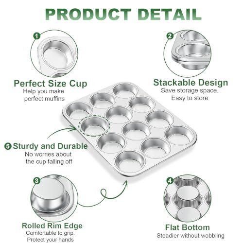 12-Cup Stainless Steel Muffin Pan, Cupcake Pan Metal Muffin Baking Tins for Oven & Dishwasher Safe, Cupcake Pans for Baking Non-toxic & Easy Clean Set of 2