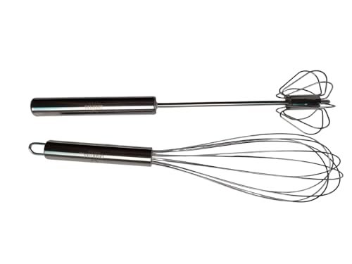 12'' Egg Whisk Combo - Stainless Steel Manual Balloon whisk and Semi-Automatic Whisk, Egg Beater, Hand Push Rotary - Mixing, Frothier, Stirring baking/beating eggs, Durable, Easy-Grip/Heat-Resistant.
