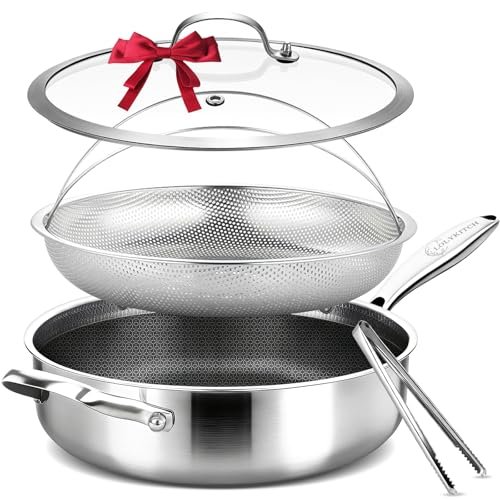 12 Inch Nonstick Deep Skillet with Lid, Fry Basket & Tongs | 5.5-Quart
