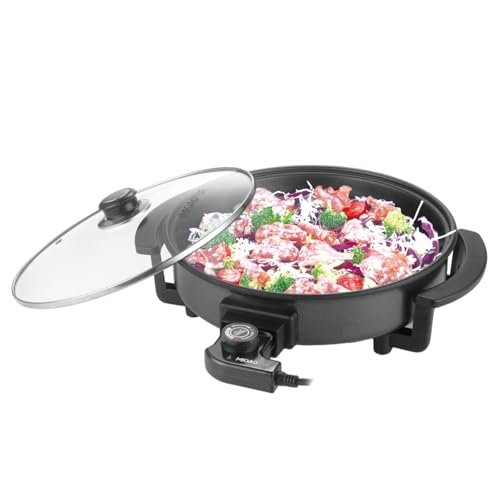 12" Round Electric Skillet with lid, Ceramic Nonstick Coating Electric Frying Pan, 1500W Quick & Even Heating, 5 Adjustable Temperature Control, Tempered Glass Lid & Cool-Touch Handles