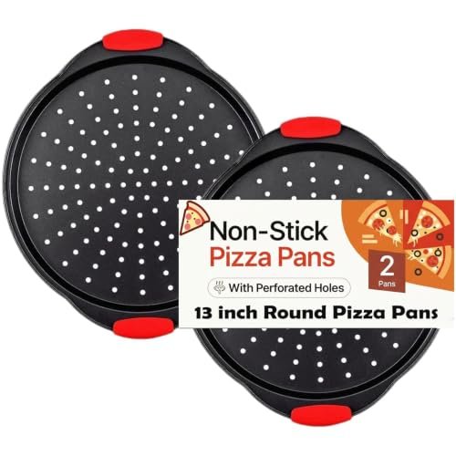 13 Inch Pizza Pan for Oven (2 Pack) Round Pizza Pan with Holes - Non-Stick Carbon Steel Pizza Tray with Silicone Handles - for Cooking, Baking, and Grilling - Dishwasher Safe