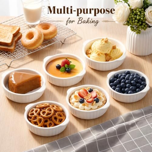 14 oz Porcelain Ramekins Oven Safe, 6 Pack Large Ceramic Creme Brulee Souffle Baking Dishes with Handle, 5 Inch French Onion Soup Bowls for Ramen, Stew, Lava Cakes, Pot Pie, White