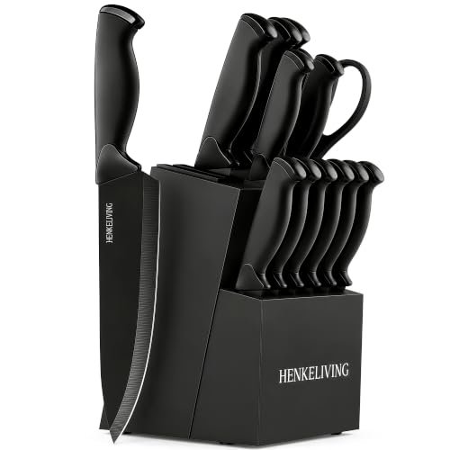 14-Piece Black Kitchen Knife Block Set with Built-In Sharpener
