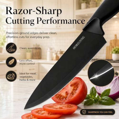 14-Piece Black Kitchen Knife Block Set with Built-In Sharpener