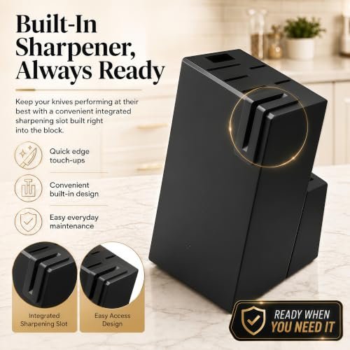 14-Piece Black Kitchen Knife Block Set with Built-In Sharpener