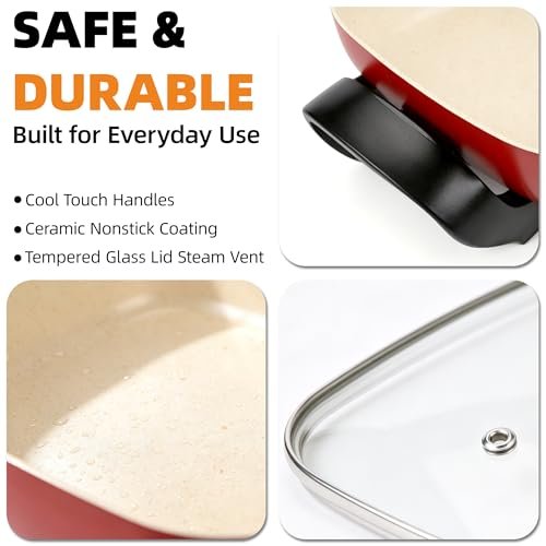 15'' Ceramic Nonstick Electric Skillet with Tempered Vented Glass Lid,Thermostat Control to Prevent Overheating,Removable Easy-to-Clean,Vibrant Red