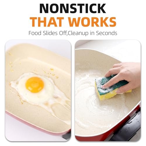 15'' Ceramic Nonstick Electric Skillet with Tempered Vented Glass Lid,Thermostat Control to Prevent Overheating,Removable Easy-to-Clean,Vibrant Red