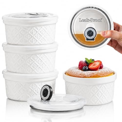16 oz Creme Brulee Ramekins Oven Safe, Small Souffle Ramekin with lid, Mini Porcelain Ramekins Set with Covers, Small Ceramic Baking Dish Set of 4