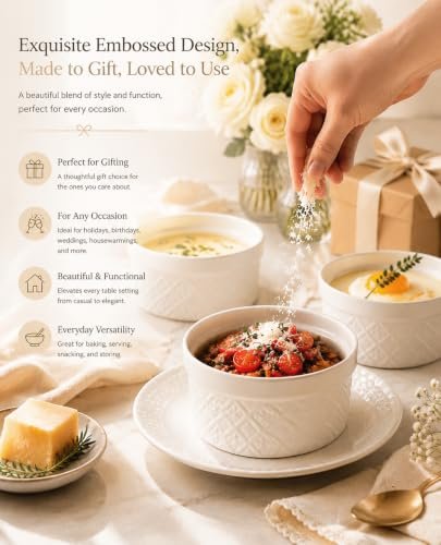 16 oz Creme Brulee Ramekins Oven Safe, Small Souffle Ramekin with lid, Mini Porcelain Ramekins Set with Covers, Small Ceramic Baking Dish Set of 4