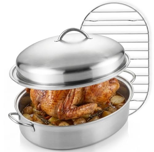 18.1" Roasting Pan with Rack and Lid, Stainless Steel Turkey Roasting Pan