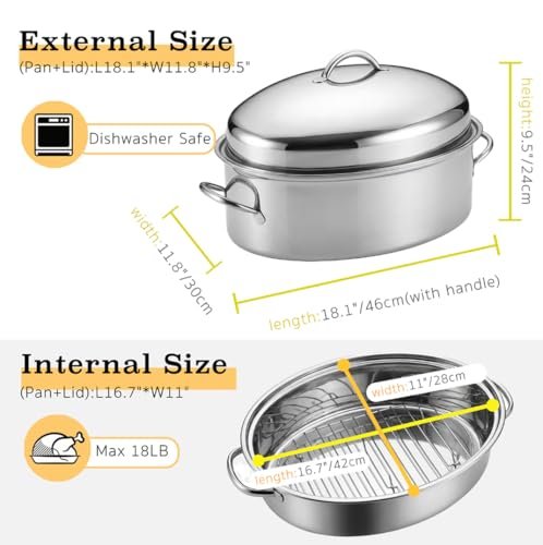 18.1" Roasting Pan with Rack and Lid, Stainless Steel Turkey Roasting Pan