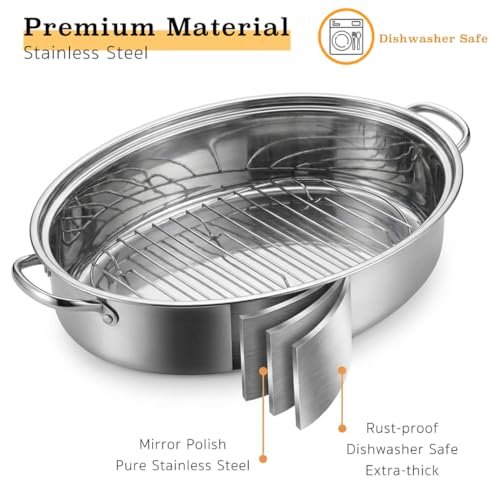18.1" Roasting Pan with Rack and Lid, Stainless Steel Turkey Roasting Pan
