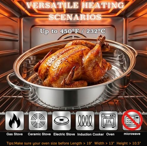 18.1" Roasting Pan with Rack and Lid, Stainless Steel Turkey Roasting Pan