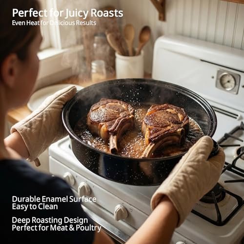 18" Large Oval Roasting Pan Set with Lid and Rack,Ideal for Thanksgiving Roast Turkey Christmas Ham Family Gatherings Enamel Cookware Includes Stainless Steel Rack Dishwasher Compatible