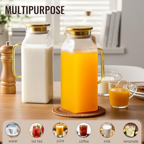 2 Pack 2 Liter/68 oz Square Classic Stripes Glass Pitcher with Lid, Gold