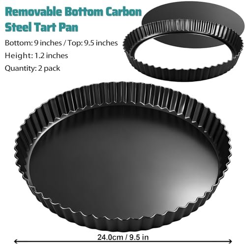2 Pack 9 Inch Tart Pan Removable Bottom Non Stick Carbon Steel Pie Pan