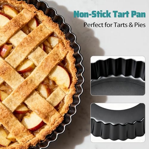 2 Pack 9 Inch Tart Pan Removable Bottom Non Stick Carbon Steel Pie Pan