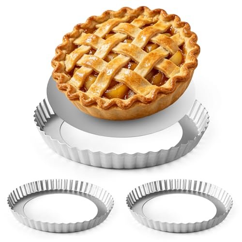 2 Pack 9 Inch Tart Pan with Removable Bottom Non-Stick Carbon Steel Quiche Pan for Oven Baking Molds for Pies Quiches Fruit Tart Cake with Fluted Edges, Silver (1 Inch Deep)