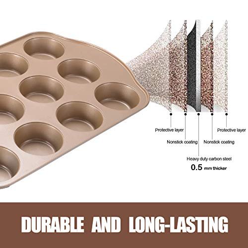 2 Pack Nonstick Muffin Pan Set, 12-Cup Heavy Duty Cupcake Baking Pan with Handles - PFOA-Free Muffin Tin, Rust Proof & Warp Resistant, Oven Safe 430°F (Gold)