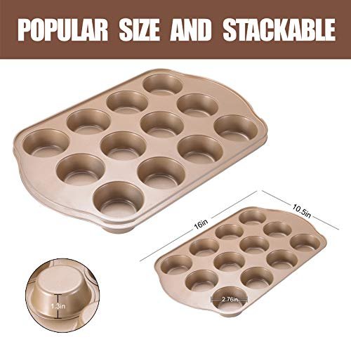 2 Pack Nonstick Muffin Pan Set, 12-Cup Heavy Duty Cupcake Baking Pan with Handles - PFOA-Free Muffin Tin, Rust Proof & Warp Resistant, Oven Safe 430°F (Gold)