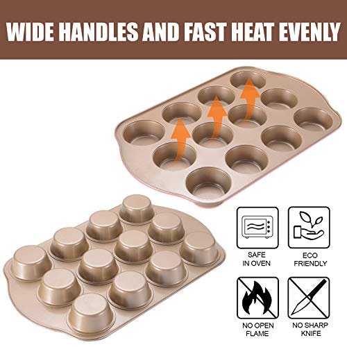 2 Pack Nonstick Muffin Pan Set, 12-Cup Heavy Duty Cupcake Baking Pan with Handles - PFOA-Free Muffin Tin, Rust Proof & Warp Resistant, Oven Safe 430°F (Gold)
