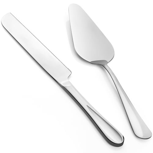 2-Piece Premium Cake Cutting Set, Exquisite Knife and Server with Serrated Design, Includes Cake Knife and Pie Spatula for Pastry, Pizza and Desserts (Silver)