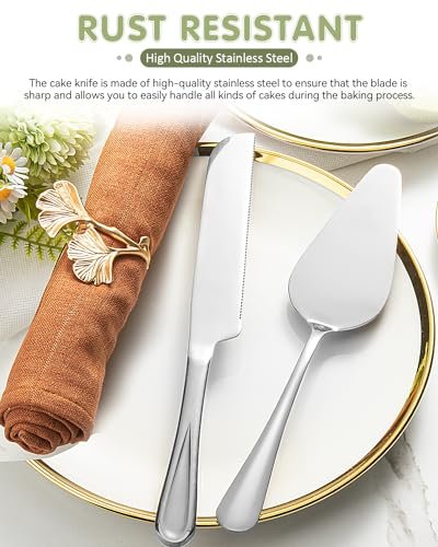 2-Piece Premium Cake Cutting Set, Exquisite Knife and Server with Serrated Design, Includes Cake Knife and Pie Spatula for Pastry, Pizza and Desserts (Silver)