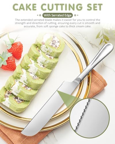 2-Piece Premium Cake Cutting Set, Exquisite Knife and Server with Serrated Design, Includes Cake Knife and Pie Spatula for Pastry, Pizza and Desserts (Silver)