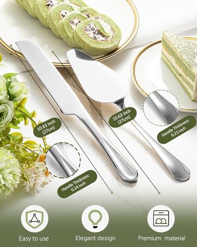 2-Piece Premium Cake Cutting Set, Exquisite Knife and Server with Serrated Design, Includes Cake Knife and Pie Spatula for Pastry, Pizza and Desserts (Silver)