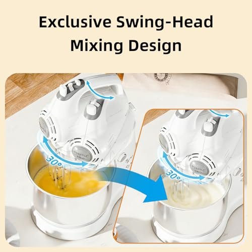 3.2QT 2-in-1 Stand Mixer, Electric Kitchen Mixer with Auto-Rotating Bowl & Tilt-Head, 5-Speed 250W Turbo Baking Machine for Beginners with Beater & Dough Hook for Cookie, Bread, Cake (White)