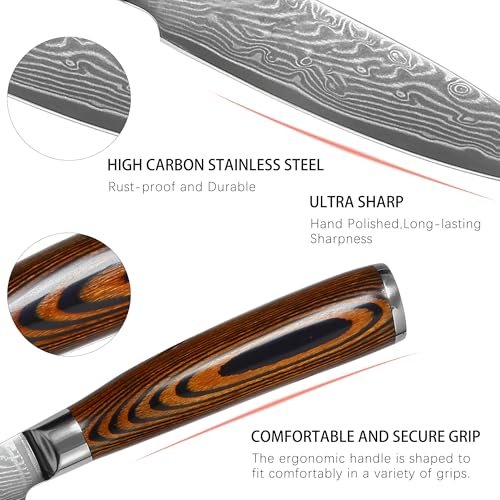 3.5-Inch Damascus Paring Kitchen Knife, VG10 Steel Core, Pakkawood Handle