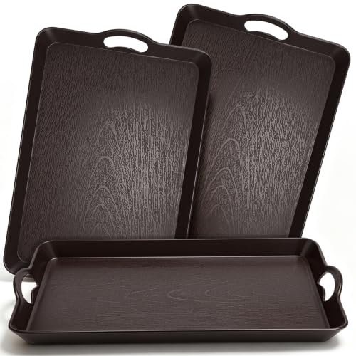 3 Pack Serving Tray with Handles 20.5x13.4 Plastic Coffee Brown
