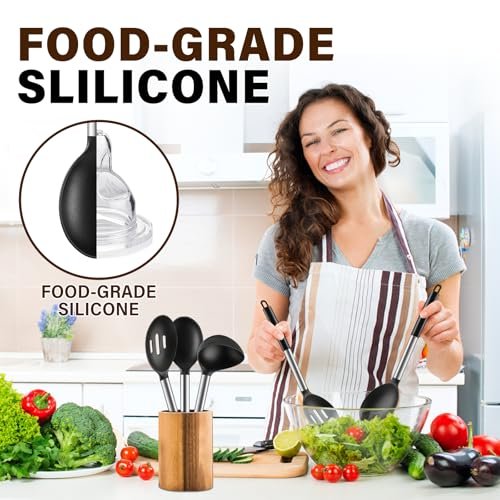 3 Pcs Silicone Cooking Spoon Set, Kitchen Utensils Include Solid & Slotted Spoon, Soup Ladle, Food-Grade Heat Resistant, Non-Scratch Spoons for Serving, Stirring, Draining, Dishwasher Safe, Black