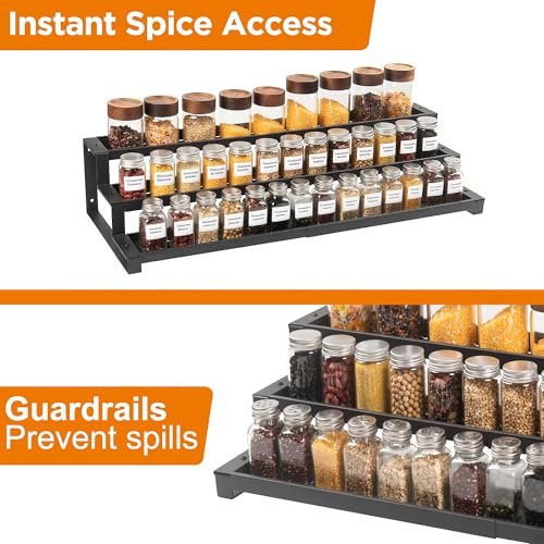 3-Tier Spice Rack Organizer for Kitchen Cabinet or Pantry, 16"-29" Expandable Spice Organization Shelf, Seasoning Organizer, Metal Display Shelf, Slip-Resistant Design for Jars and Bottles, Black