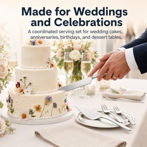 4-Piece Wedding Cake Cutting Set, Stainless Steel Cake Knife and Server Set