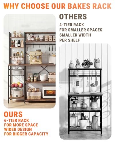 4 Tier Bakers Rack with Power Outlets, Microwave Stand with Wire Basket and 6 Hooks, Coffee Bar Station and Kitchen Storage Shelf, Rustic Brown, 33 x 15.7 x 70 Inches