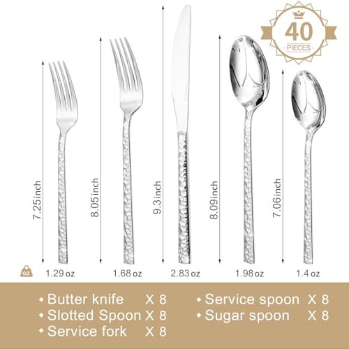 40 Piece Hammered Silverware Set, 18/10 Stainless Steel Flatware Set for 8