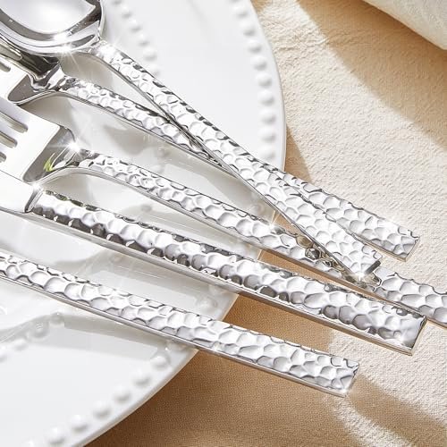 40 Piece Hammered Silverware Set, 18/10 Stainless Steel Flatware Set for 8