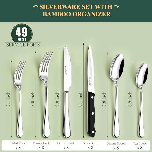 49-Piece Silverware Set with Bamboo Organizer,Flatware Utensil Set for 8