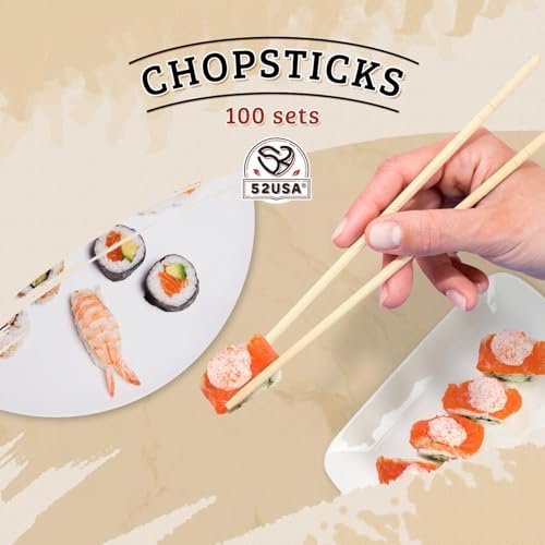52USA Disposable Bamboo Chopsticks (100 Sets), 9'' Long Chinese Chopsticks