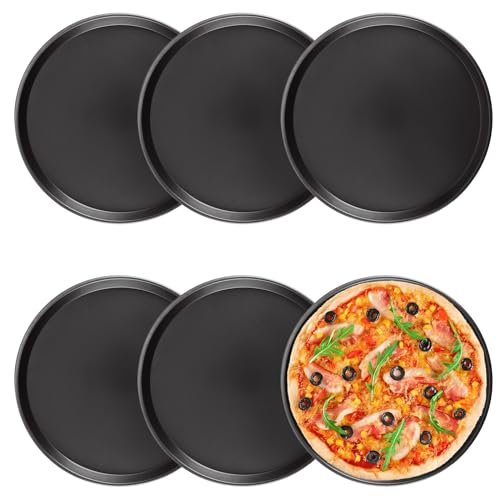6 Pcs 12 Inch Pizza Baking Pan, Black Stainless Carbon Steel Pizza Serving Tray, Nonstick Round Pizza Plate Pizza Pan for Oven Baking