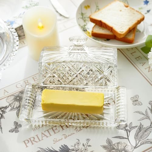 8" Crystal Covered Butter Dish for Countertop, Glass Butter Dish with Lid