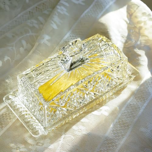 8" Crystal Covered Butter Dish for Countertop, Glass Butter Dish with Lid