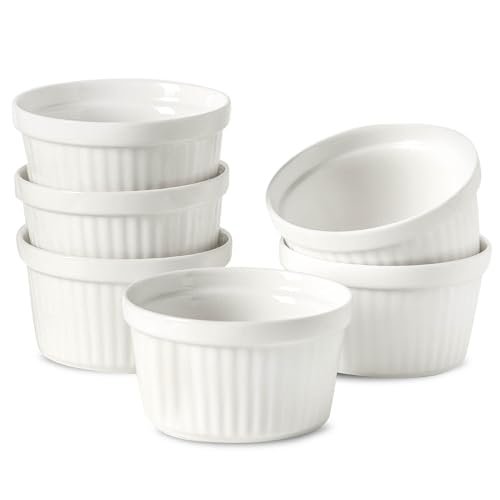 8 oz Ramekins Oven Safe Set of 6, Souffle Dish Baking Bowls, Custard Dessert Cups for Pudding Yogurt Ice Cream, Ceramic Ramiken Bowl, White